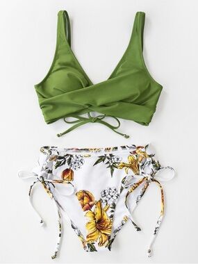 CUPSHE Olive Green Wrap Bikini Top with Floral High-Waist Tie-Side Bottoms NWT S